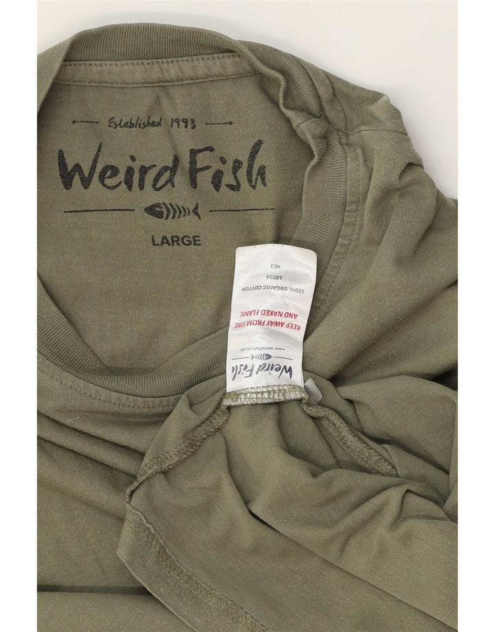 Weird Fish Herre grafisk T-shirt Top Stor Khaki Bomuld