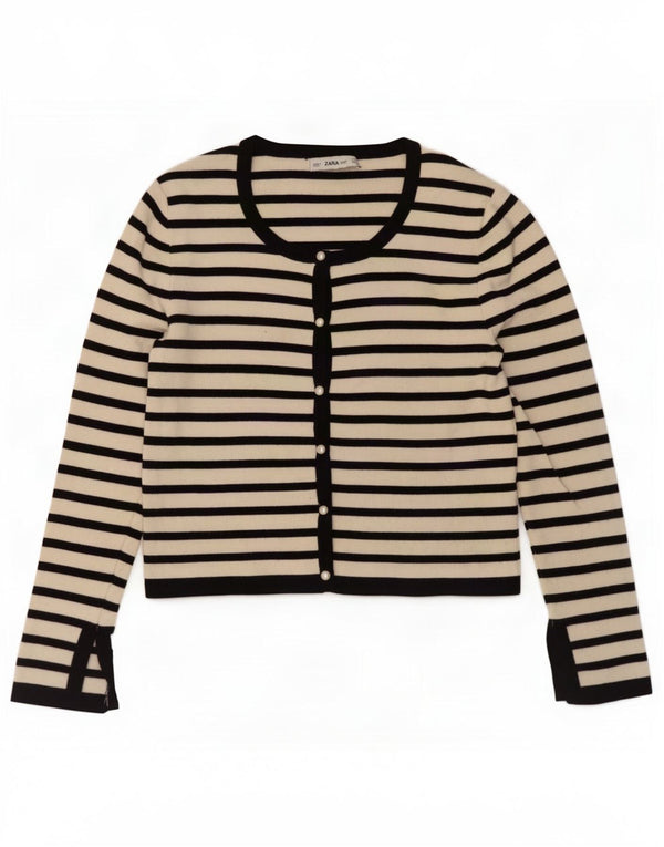 Zara Womens Crop Cardigan Sweater UK 14 Stor hvid stribet viskose