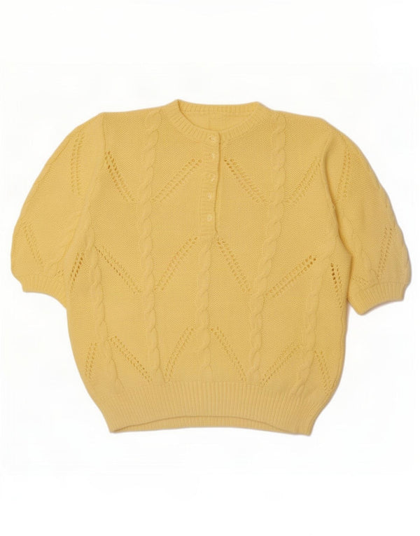 Vintage Womens Short Sleeve Button Neck Jumper Sweater UK 18 XL Yellow
