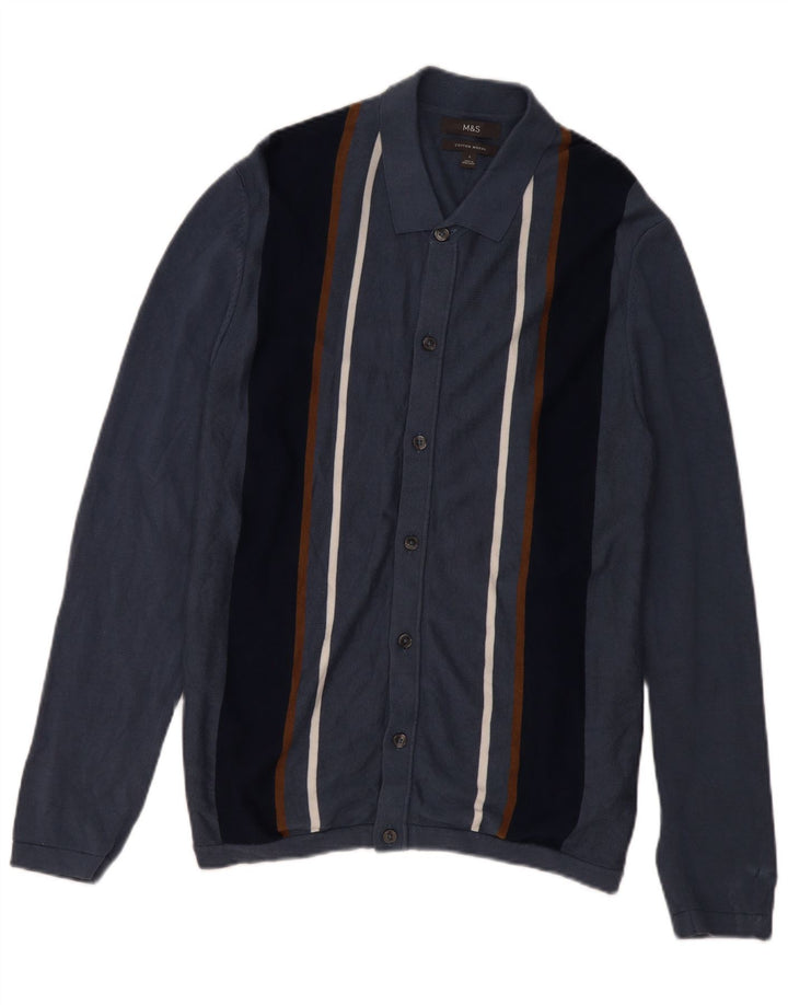 Marks & Spencer Herre cardigan sweater Stor blå stribet bomuld