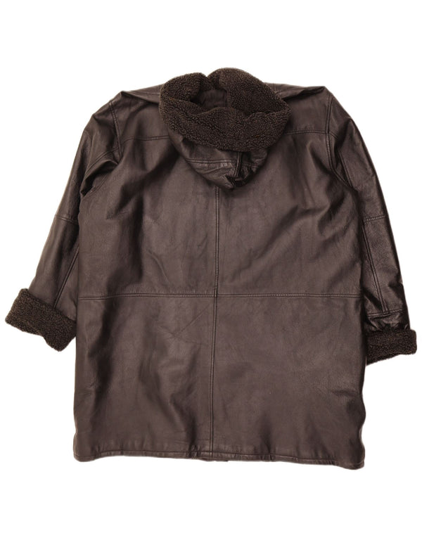 Moderne Klassikere Dame Hætte Læderfrakke UK 22 3XL Sort Læder