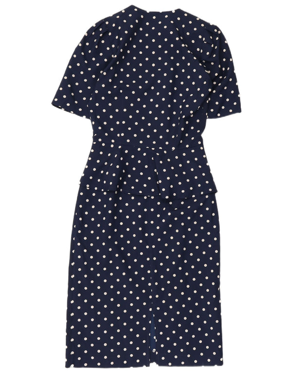 Vintage Womens Peplum Dress IT 42 Medium Navy Blue Polka Dot Polyester