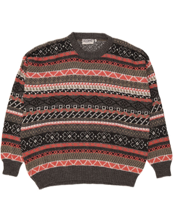Vintage herre rund hals sweater stor grå geometrisk akryl