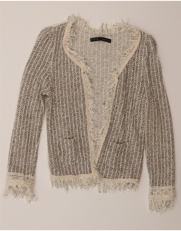 Zara Womens Open Cardigan Sweater UK 12 Medium Grå Stribet