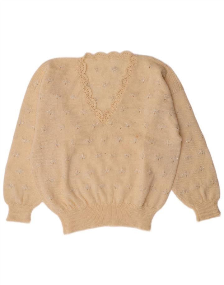 VINTAGE Dame V-hals sweater UK 14 Medium Off White Floral