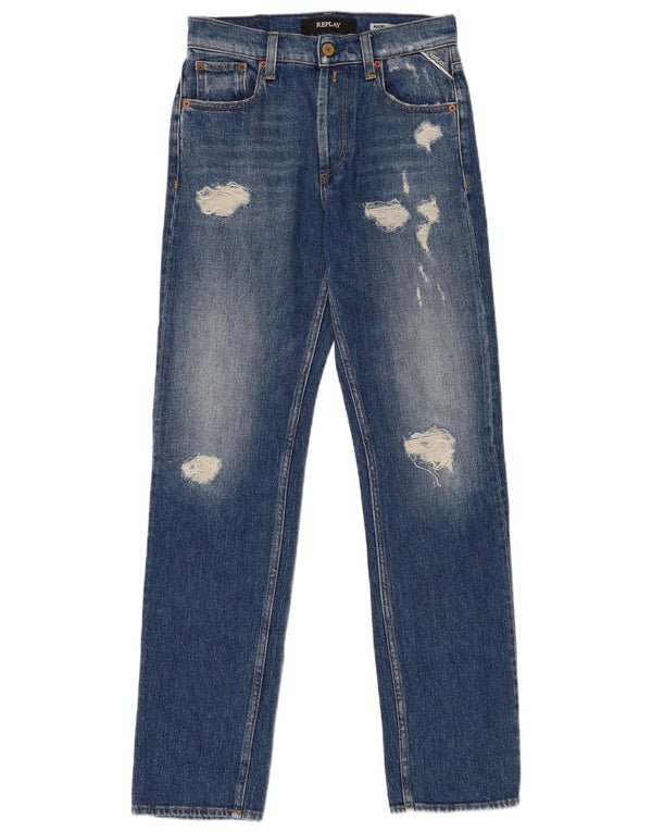 Replay Dame Distressed Straight Jeans W25 L30 Blå Bomuld