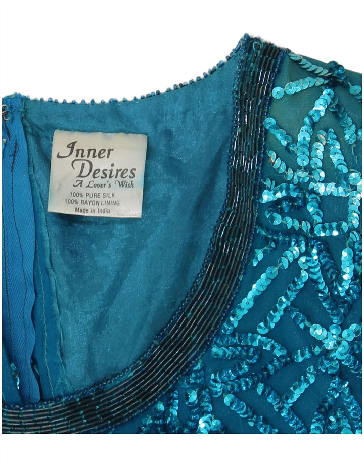 Vintage Dame Sequin Shift Dress UK 14 Large Blue Silk