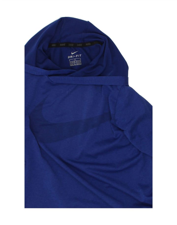 NIKE Boys Dri Fit Graphic Hoodie Jumper 10-11 Years Medium Blue Polyester Vintage Nike and Second-Hand Nike from Messina Hembry 