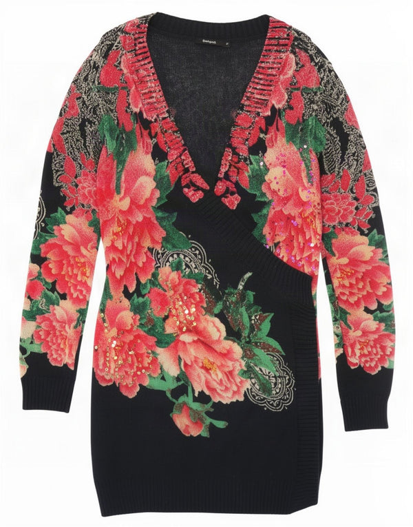 Desigual Womens Longline V-hals sweater UK 12 Medium Black Floral