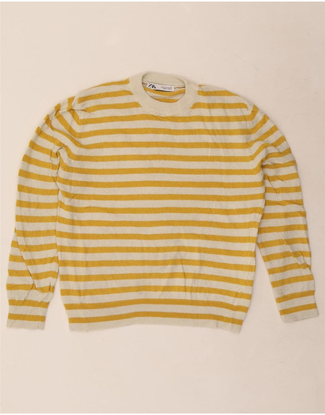 Zara sweater med rund hals til kvinder UK 14 Medium gul stribet polyamid