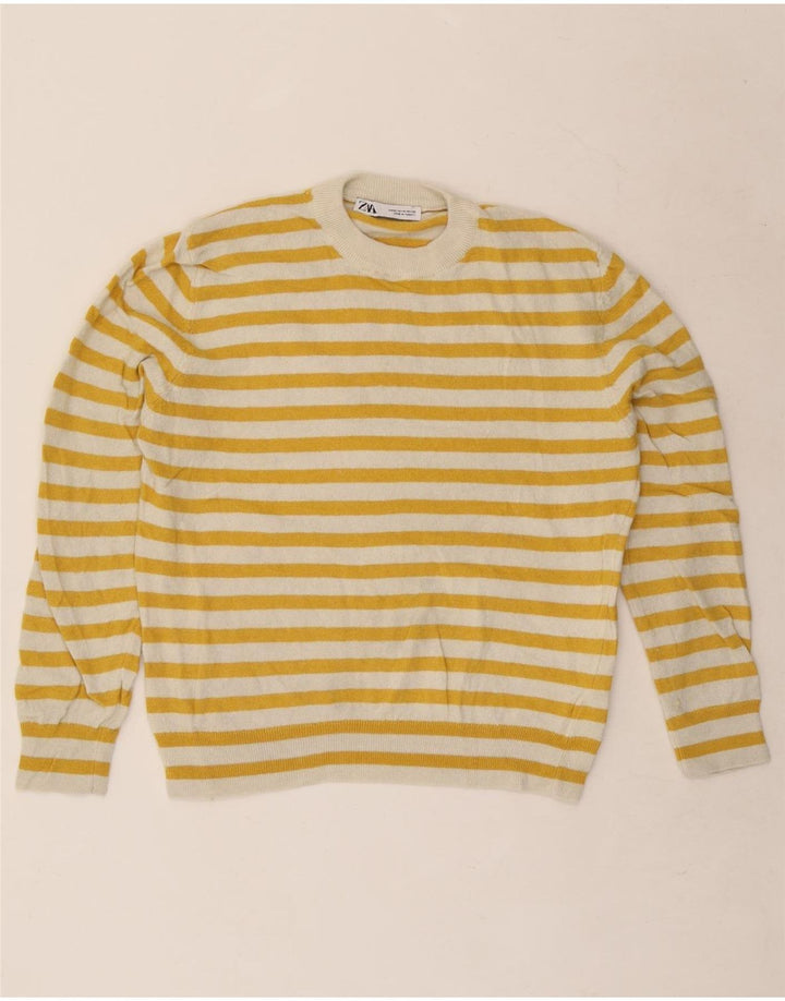 Zara sweater med rund hals til kvinder UK 14 Medium gul stribet polyamid