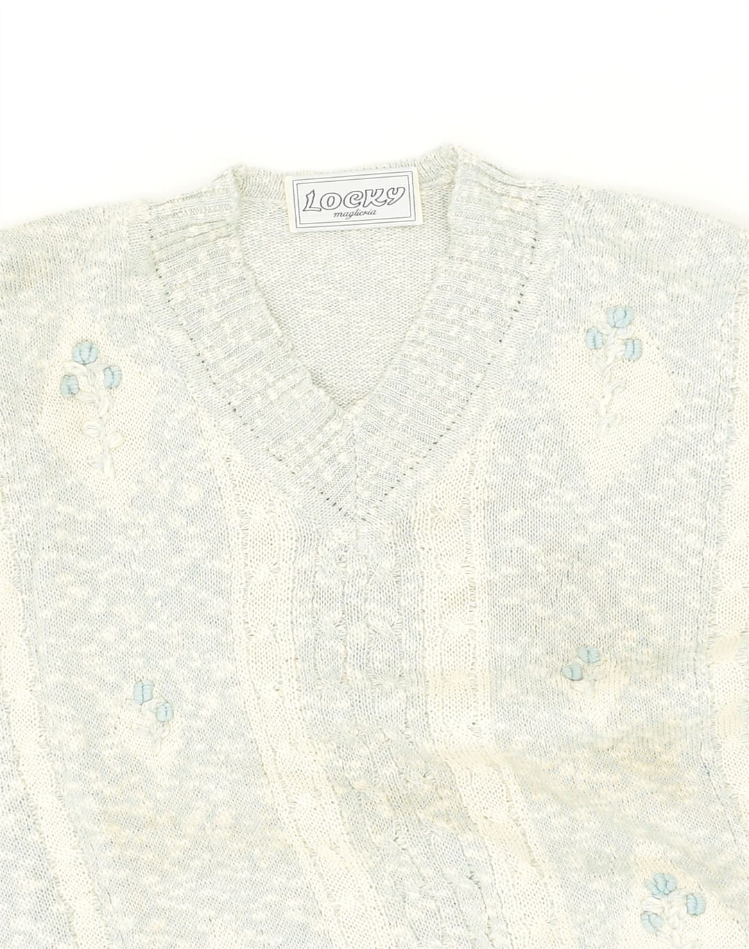 VINTAGE Womens V-Neck Jumper Sweater UK 12  Medium Blue Floral Cotton | Vintage Vintage | Thrift | Second-Hand Vintage | Used Clothing | Messina Hembry 