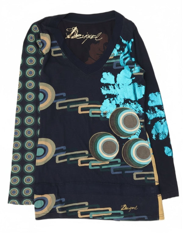 Desigual Dame Grafisk Top Langærmet UK 10 Small Navy Blue