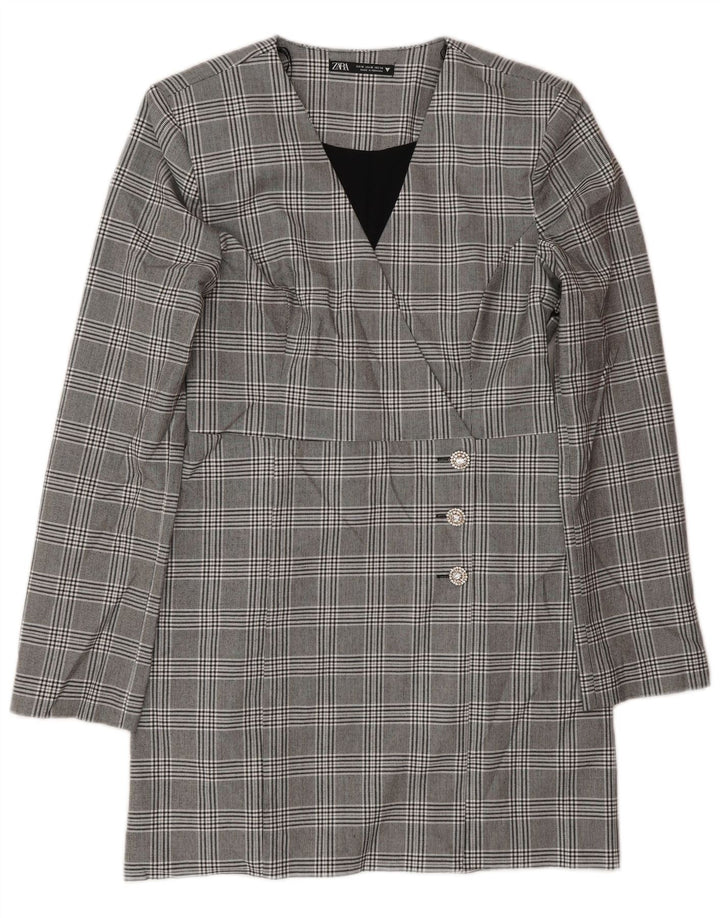 Zara Dame Langærmet Skift Kjole UK 12 Medium Grey Ternet polyester