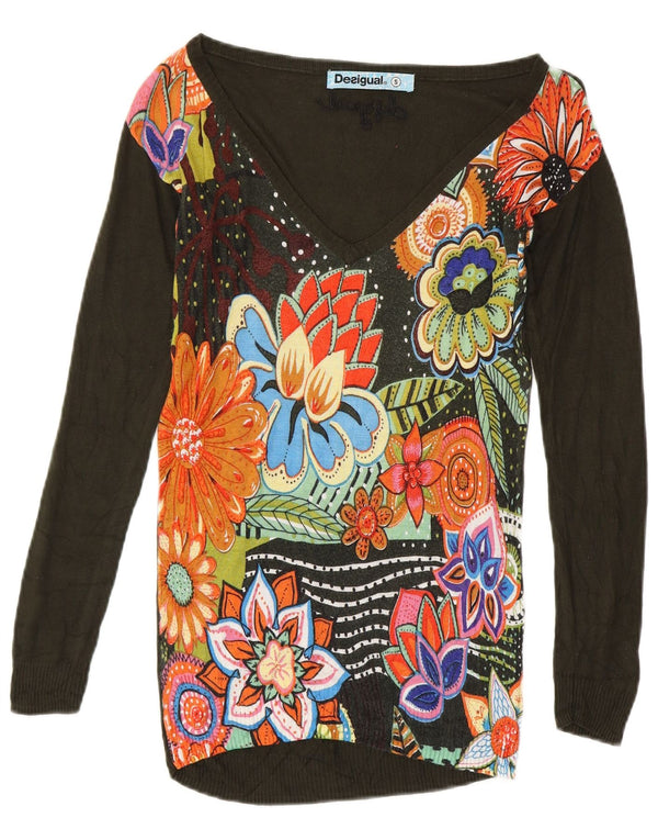 Desigual Womens Longline V-hals sweater UK 10 Small Green Floral