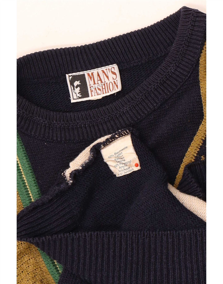 Vintage herre sweater med rund hals XL flerfarvet farveblok