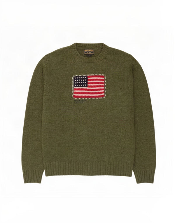 Woolrich Dame Grafisk Crew Neck Jumper Sweater UK 16 Large Green Wool