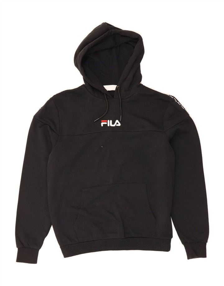 FILA Mens Graphic Hoodie Jumper Small Black Cotton Vintage Fila and Second-Hand Fila from Messina Hembry 