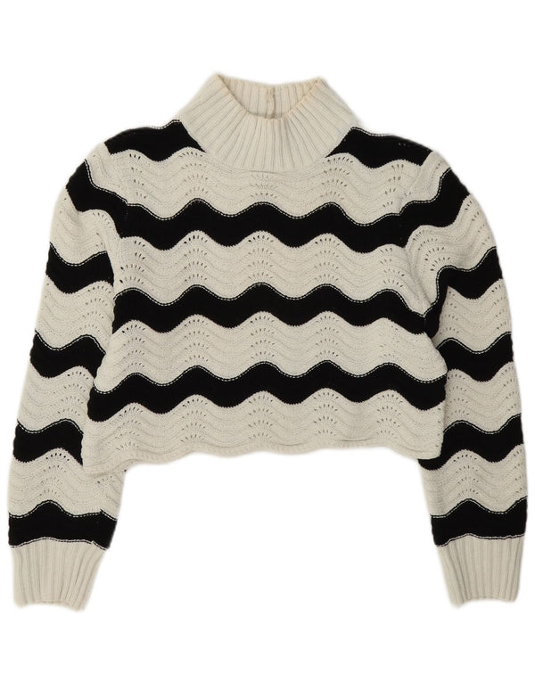 Zara Womens Crop Turtle Neck Jumper Sweater UK 10 Small White Striped