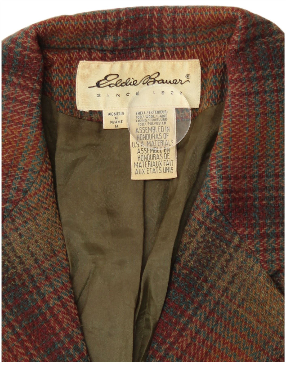 Eddie Bauer Dame 3-knaps blazerjakke UK 14 Medium Brun Plaid Uld