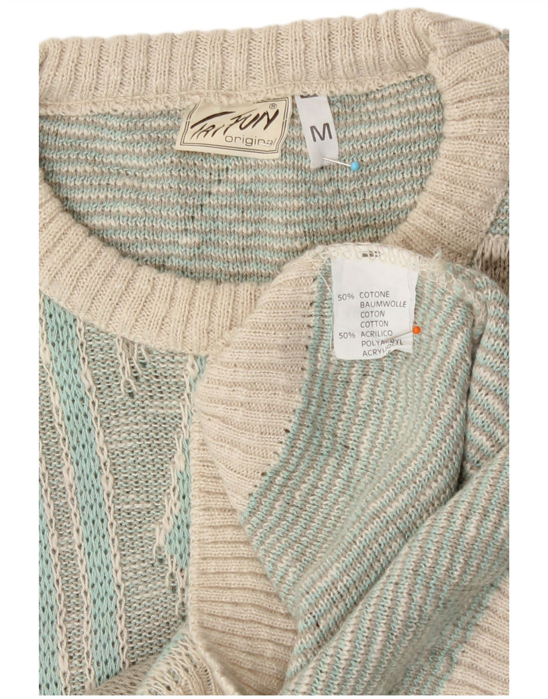 Taifun Herre sweater med rund hals, medium turkis geometrisk bomuld