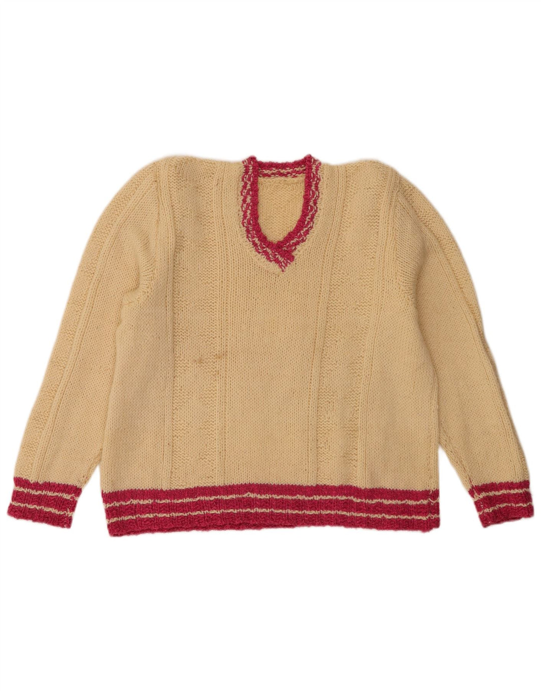 Vintage Dame V-hals sweater UK 12 Medium Beige Stribet