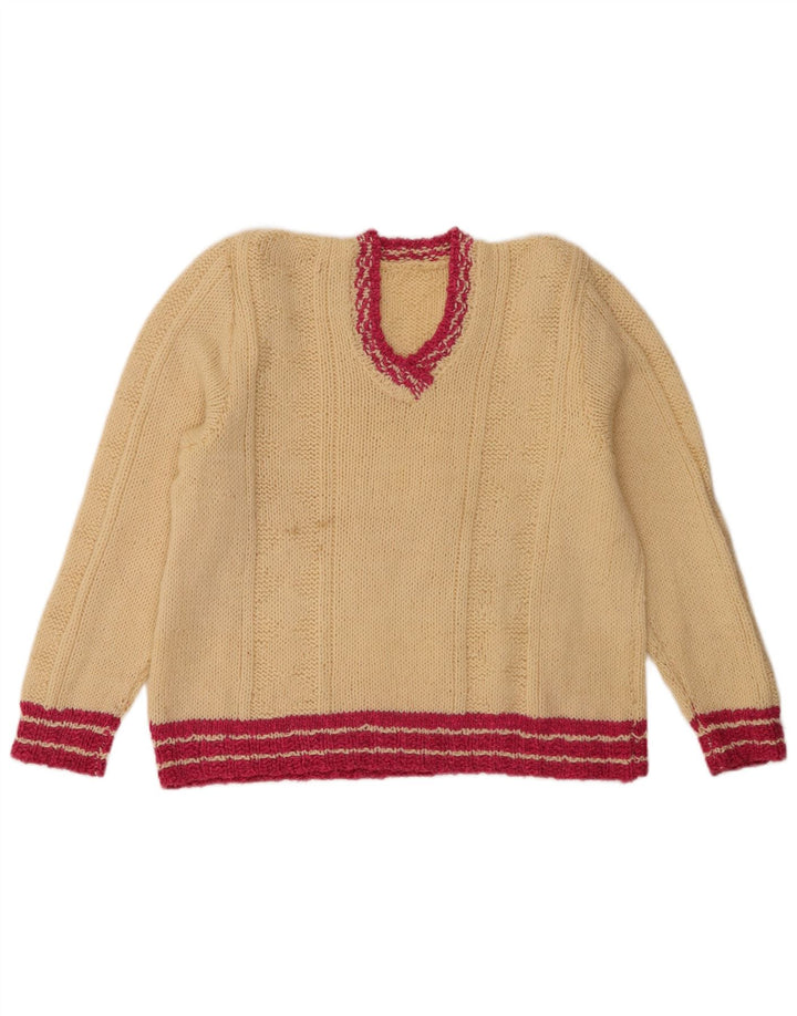 Vintage Dame V-hals sweater UK 12 Medium Beige Stribet