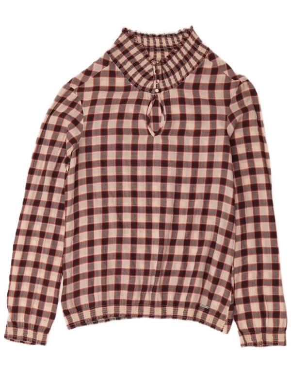 Woolrich Dame Langærmet Bluse Top UK 14 Medium Burgundy Gingham Cotton