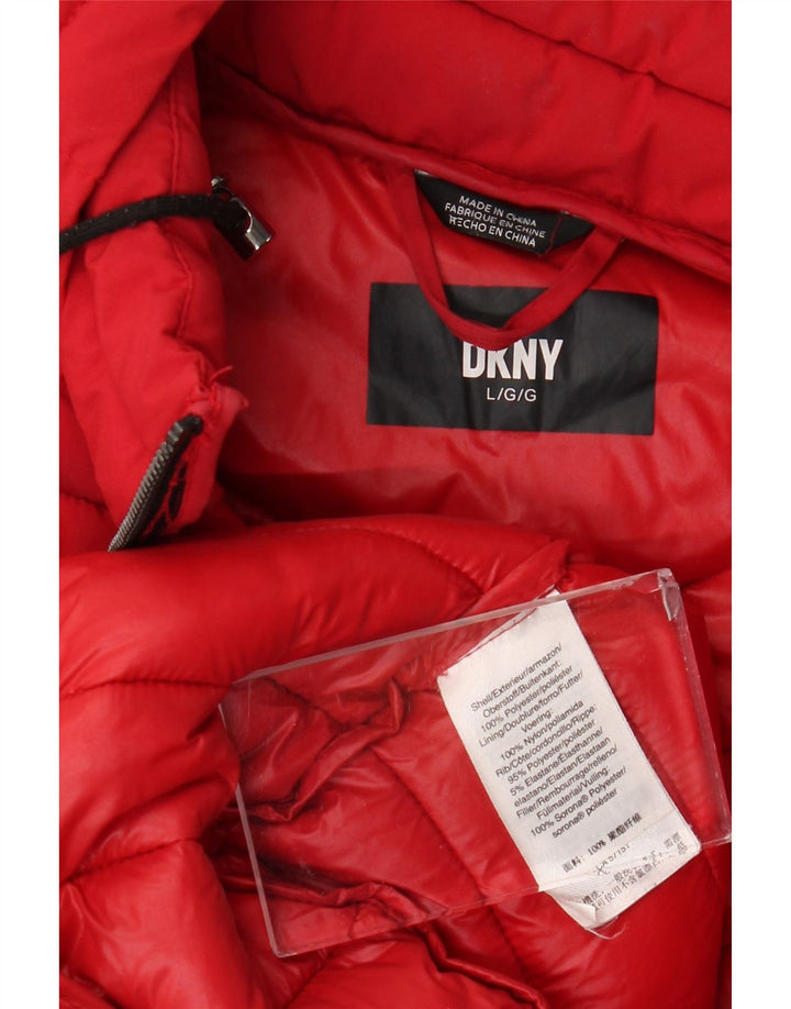 Dkny Dame Hætte Polstret Frakke UK 16 Stor Rød Polyester