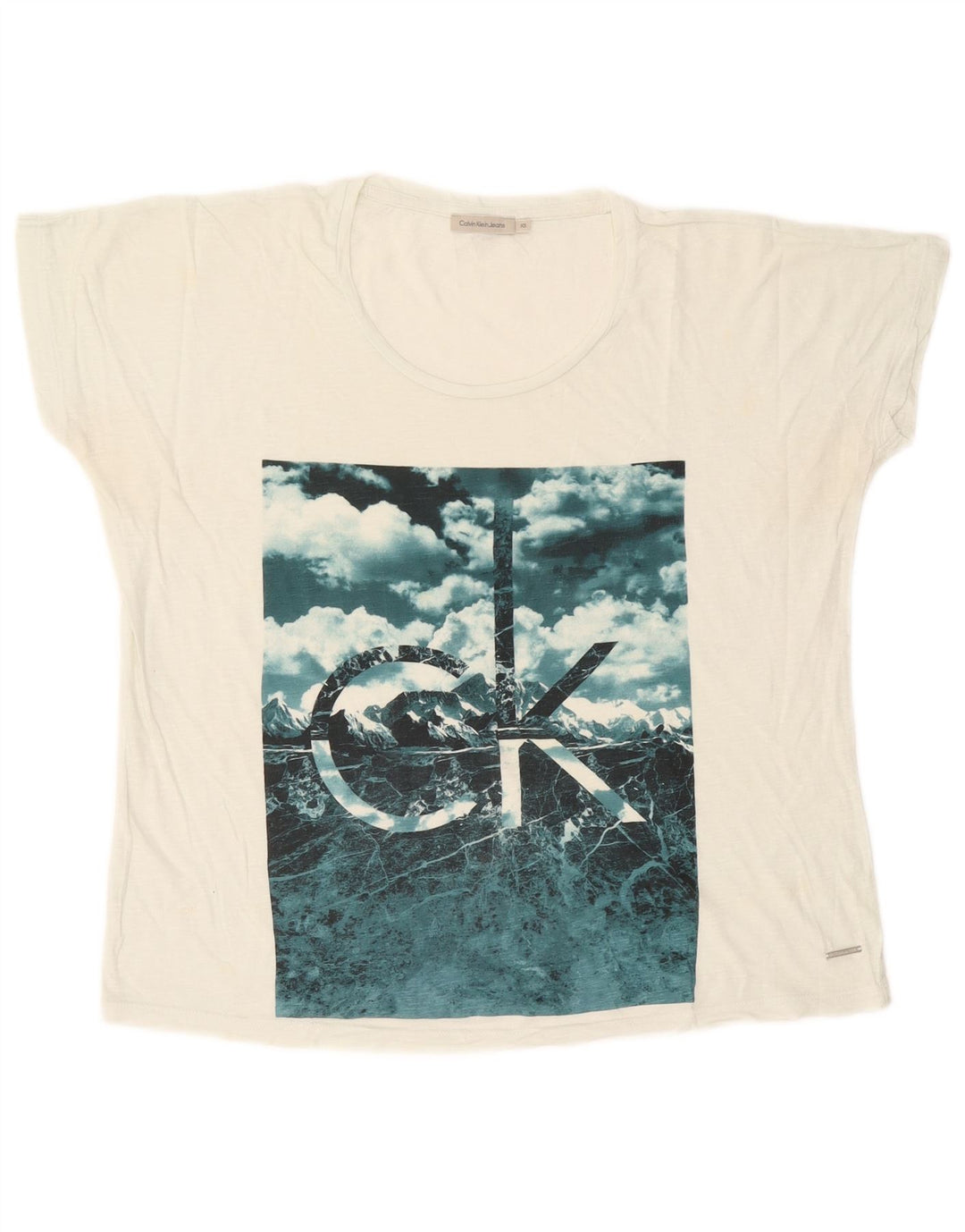 CALVIN KLEIN JEANS Dame Oversized grafisk T-shirt Top UK 6 XS Hvid