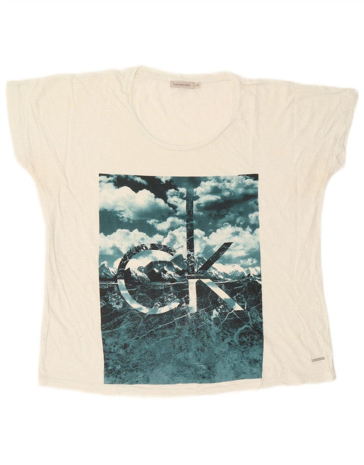 CALVIN KLEIN JEANS Dame Oversized grafisk T-shirt Top UK 6 XS Hvid