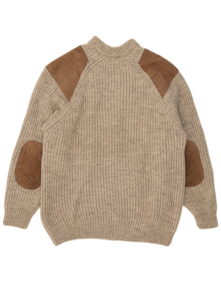 Vintage Herre Turtle Neck Jumper Sweater Stor Beige Colourblock Uld