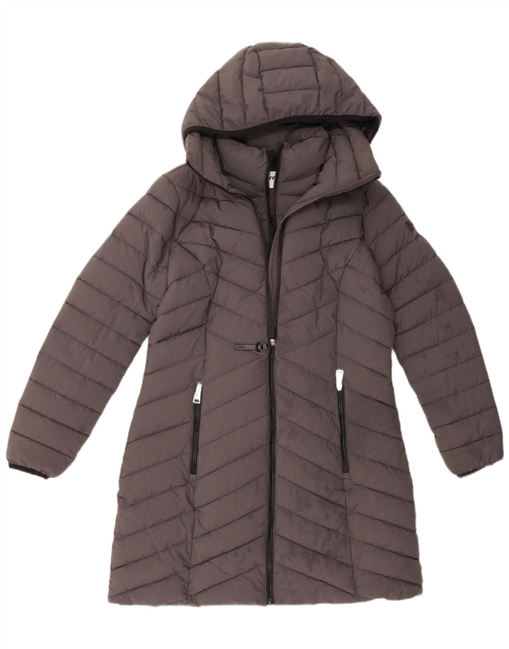 Dkny Dame Hætte Polstret Frakke UK 14 Medium Grå Polyester