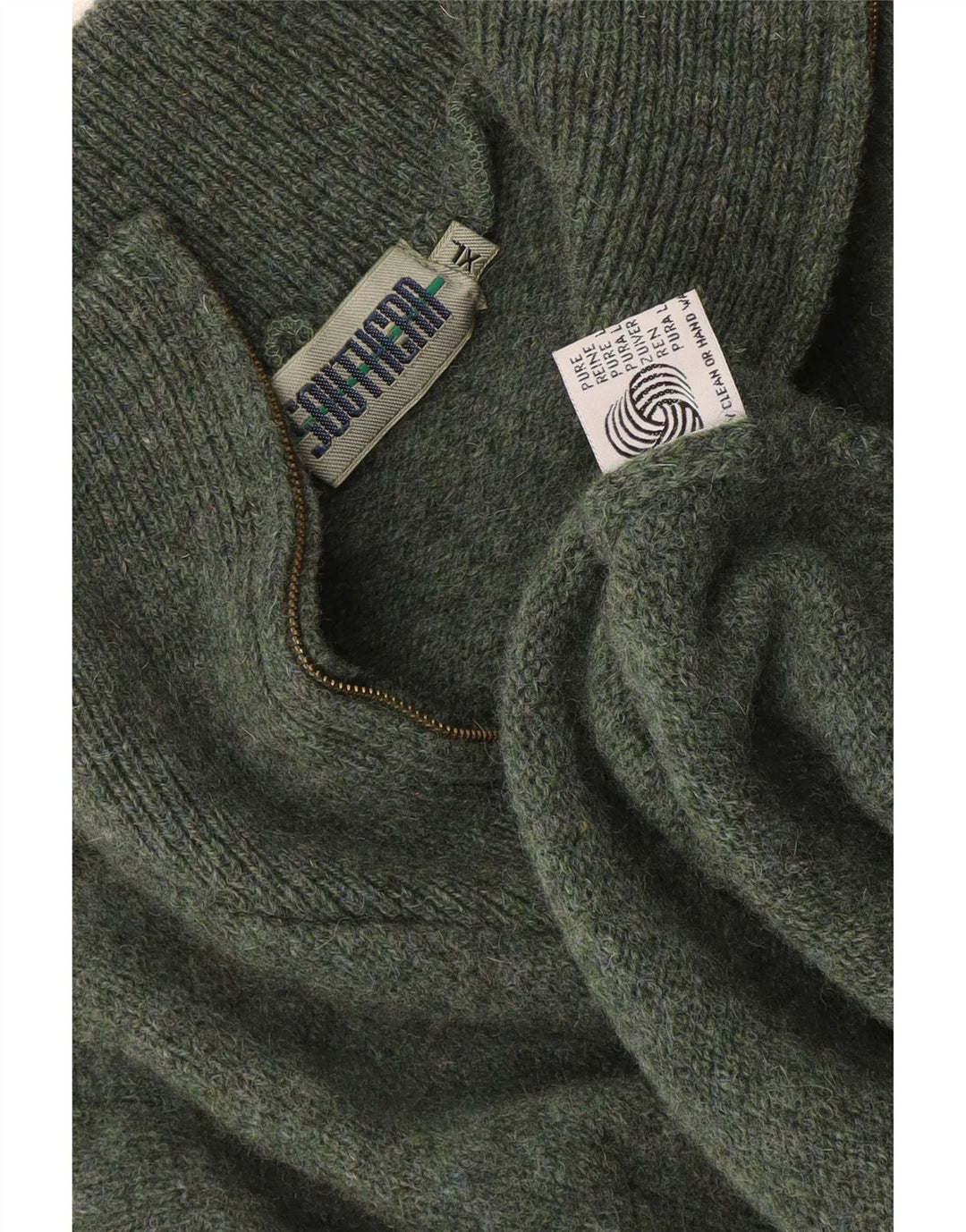 Vintage herre lynlås-hals sweater XL Khaki Virgin Wool