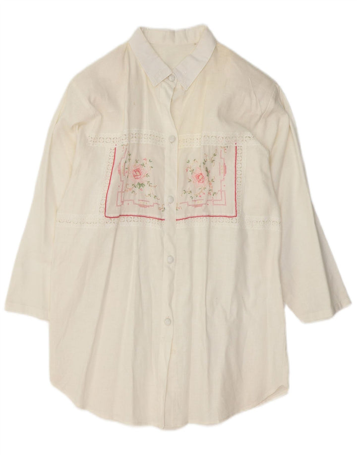 VINTAGE skjortebluse med 3/4 ærmer til kvinder UK 14 Medium White Floral