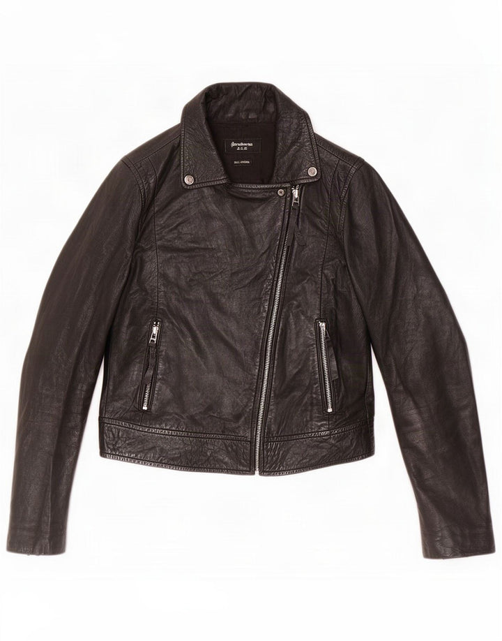 Stradivarius Dame Crop Læder Biker Jacket UK 12 Medium Sort