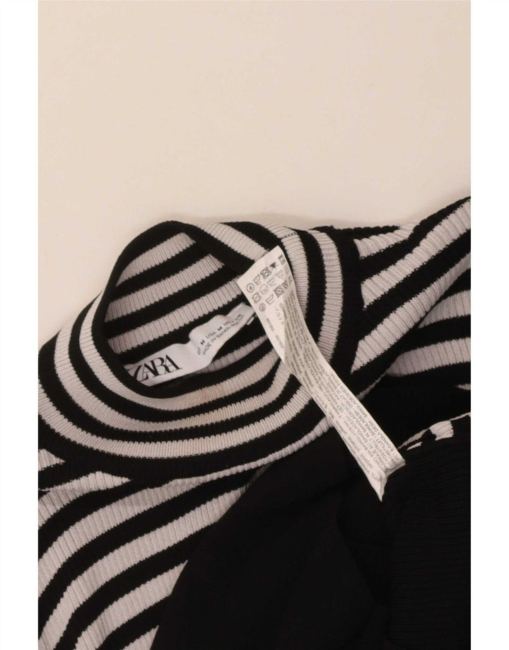 Zara Womens Crop Top Langærmet UK 12 Medium Sort Stribet Viscose