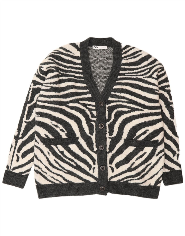 Zara Kvinders Oversized Cardigan Sweater UK 14 Medium Grey Animal Print