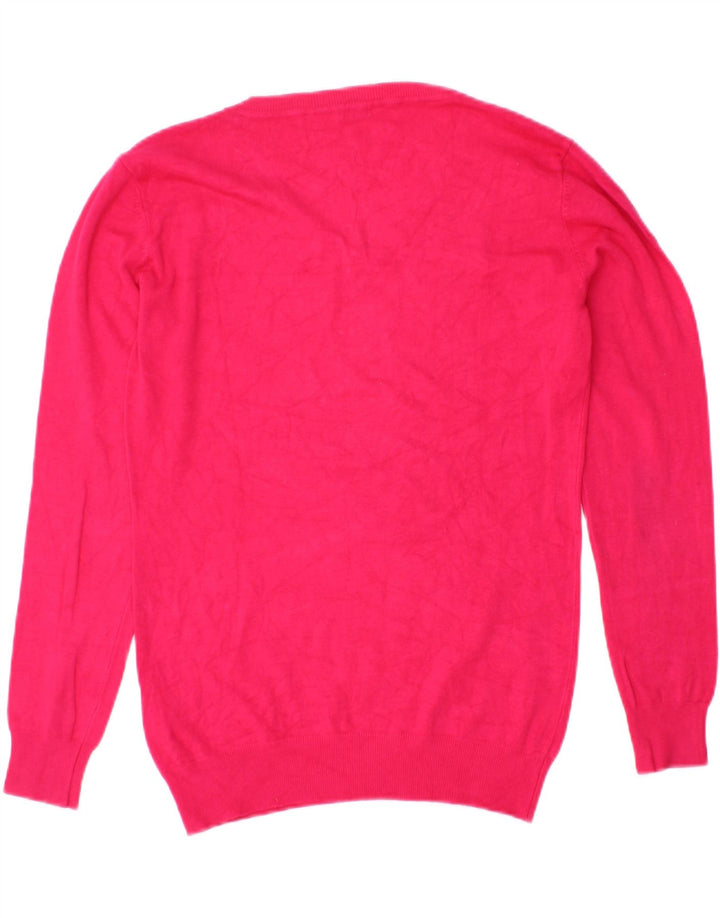 GUESS Womens Graphic V-Neck Jumper Sweater UK 12 Medium Pink Viscose