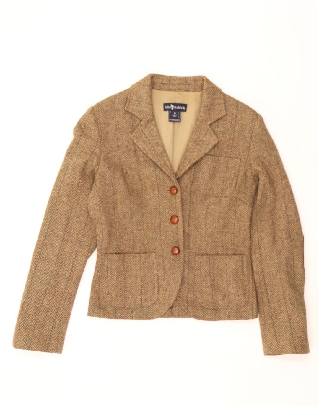 JOHN ASHFIELD Womens 3 Button Blazer Jacket US 8 Medium Beige Herringbone Vintage John Ashfield and Second-Hand John Ashfield from Messina Hembry 