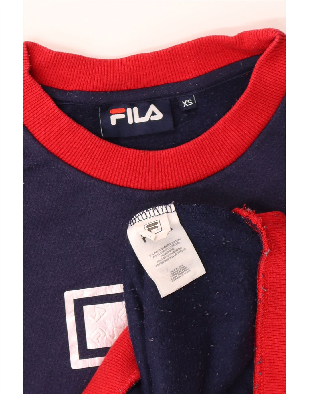 FILA Womens Oversized Sweatshirt Jumper UK 6 XS Navy Blue Colourblock Vintage Fila and Second-Hand Fila from Messina Hembry 
