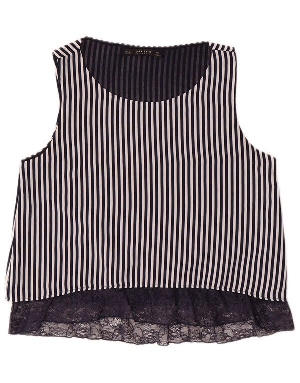 Zara Dame Crop Ærmeløs bluse Top UK 6 XS Marineblå Stribet