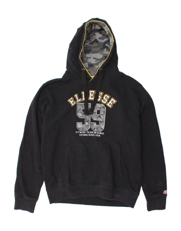 ELLESSE Womens Graphic Oversized Hoodie Jumper UK 14 Medium Black Cotton Vintage Ellesse and Second-Hand Ellesse from Messina Hembry 