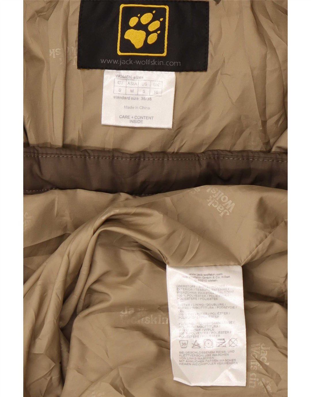 Jack Wolfskin Dame Hætte Polstret Frakke UK 10 Small Khaki Polyester