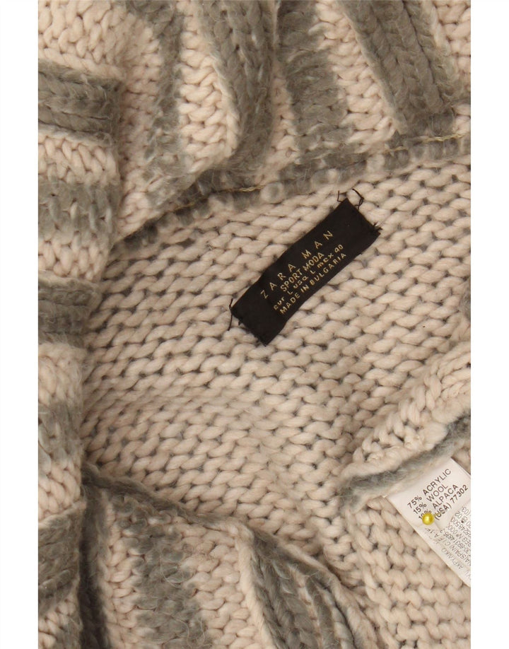 Zara Herre Cardigan Sweater Stor Grøn Stribet Akryl