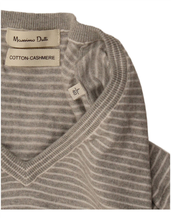 MASSIMO DUTTI Herre V-hals sweater Stor grå stribet bomuld