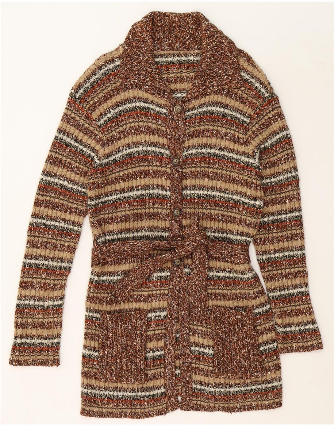 VINTAGE Womens Longline Cardigan Sweater UK 14 Medium Brown Striped Vintage Vintage and Second-Hand Vintage from Messina Hembry 