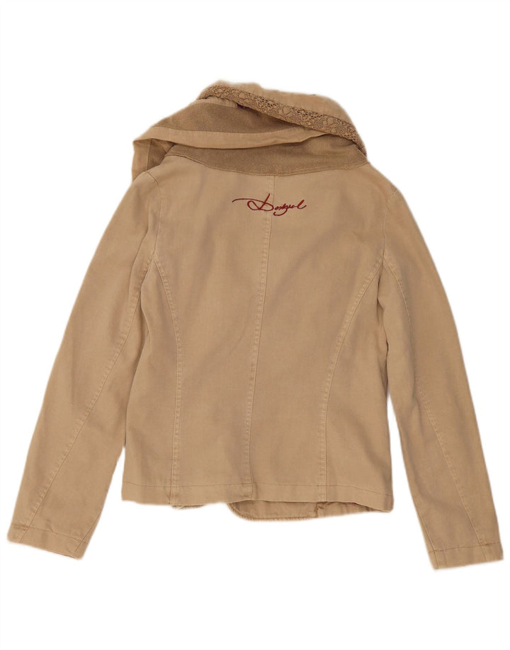 Desigual Womens Crop Bomber Jacket EU 36 Small Beige Colourblock Bomuld