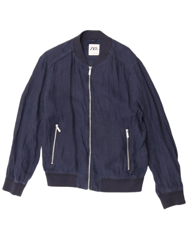 Zara Herre Bomber Jacket UK 40 Large Navy Blue Linen