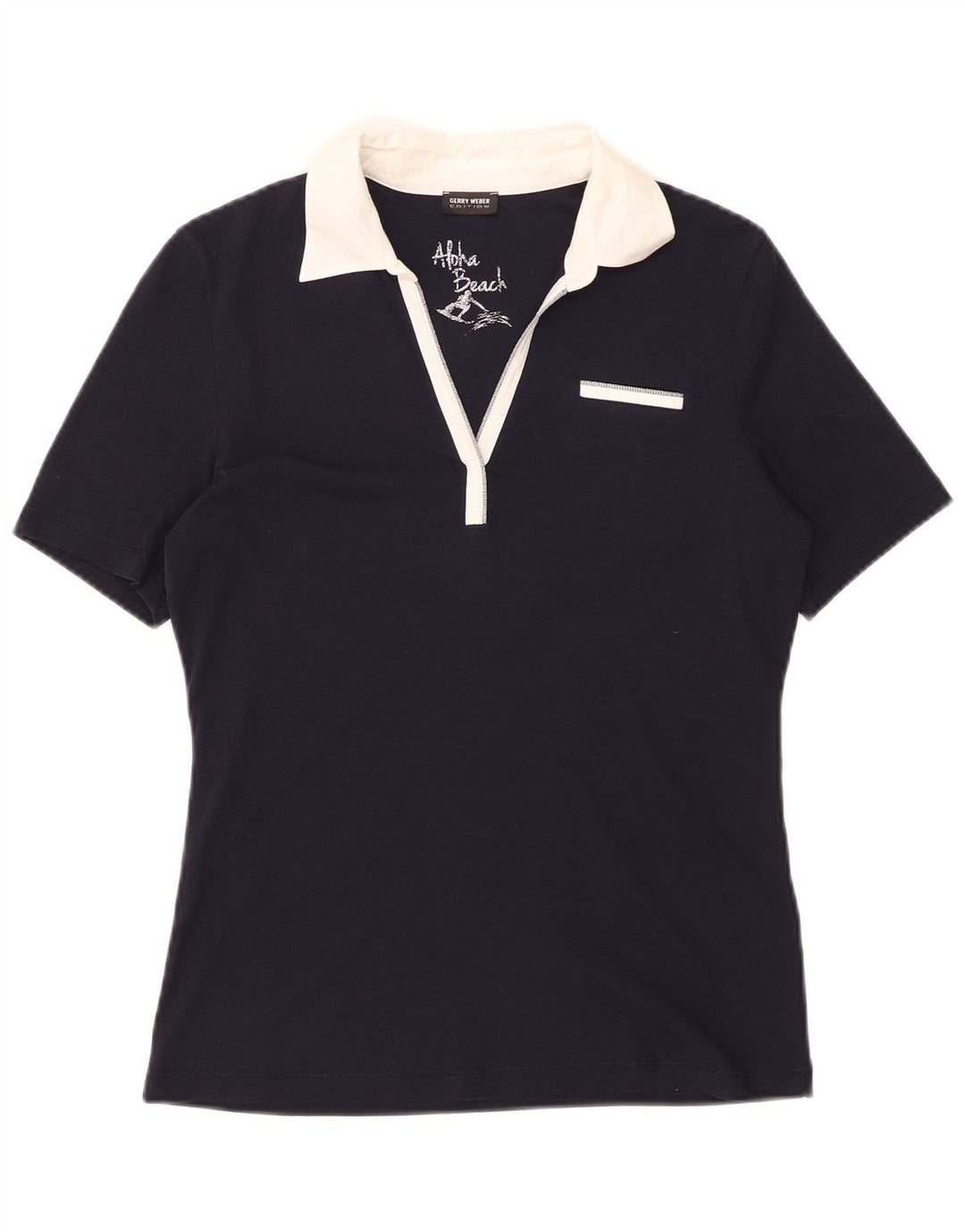 GERRY WEBER Womens Polo Shirt UK 14 Medium Navy Blue Colourblock